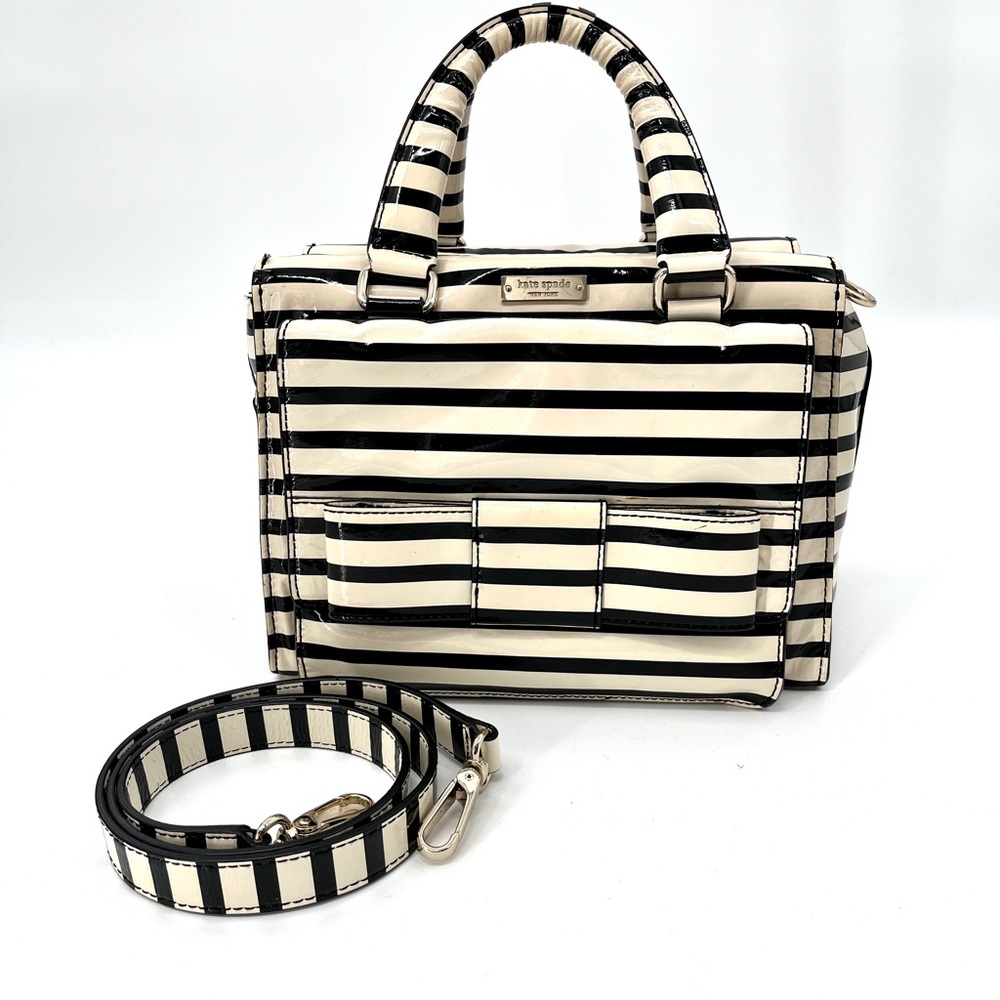 Kate Spade Stripe Patent Leather Medium Size Purse Crossbody Strap Dust Bag